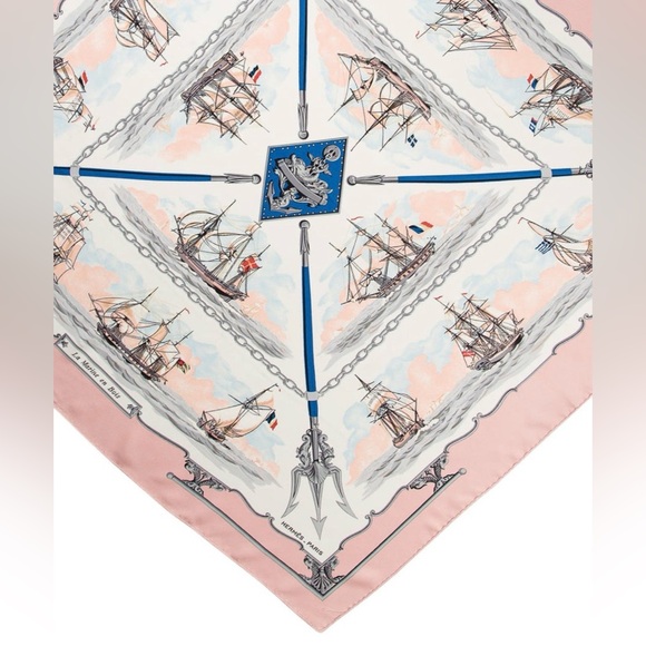 HERMES Never Worn Vintage “The Wooden Marine” Pink Carre 90 Silk Twill Scarf - Picture 2 of 16